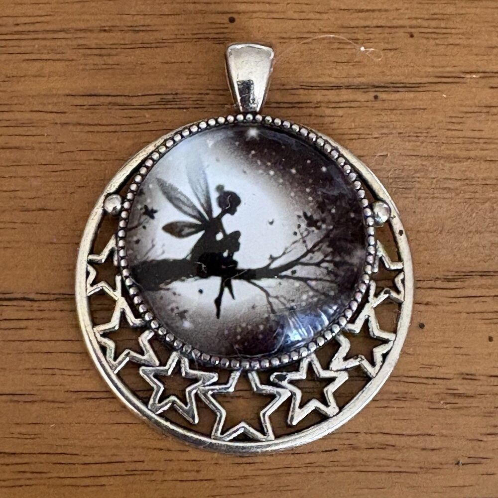 Fairy Moon Round Glass Art Pendant With Stars Black Celestial Charm (No Chain)